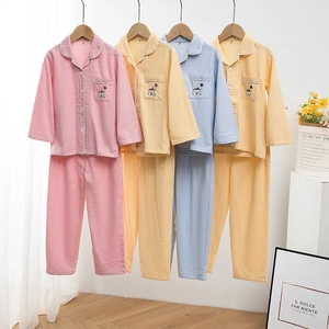 Kinder Gingham Pyjama Set 100% Baumwolle Langarm Knöpfe Loungewear Mit Cartoon Tier Stickerei Kleinkind Jugend Homewear