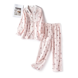 Rosa Baumwoll-Pyjama-Set mit Blumenmuster, Bubikragen und eleganter Stickerei-Verzierung