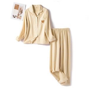 Cozy yellow plaid cotton pajamas set with cute bear embroidery and long sleeves for winter