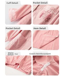 Dettagli del pigiama in cotone spazzolato rosa con ricamo a piuma e cuciture rinforzate