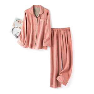 Floral double-layer cotton gauze pajama set with long sleeves in coral pink
