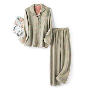 Green floral jacquard cotton pajama set with long sleeves and pink trim for women