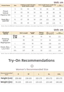 Detailed size chart for cotton embroidered pajamas and nightdress with length measurements