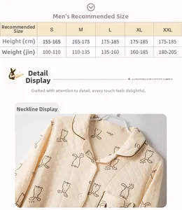 Size chart and collar detail for men's quilted cotton cartoon rabbit pajama set