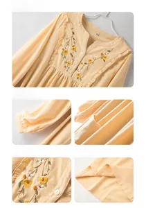 Close-up of yellow waffle cotton loungewear showing neckline ruffles and floral embroidery