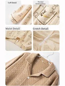Detailed views of quilted cotton pajamas featuring rabbit embroidery and elastic cuffs