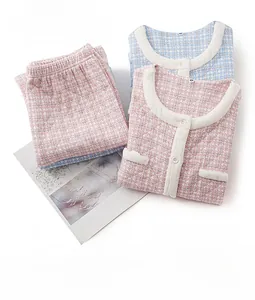 Close-up of houndstooth air cotton quilted pajamas with soft fleece collar and buttons