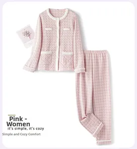 Detail of oak pink quilted loungewear set for women with classic plaid pattern