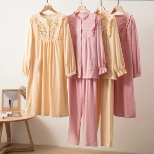 Women's Cotton Brushed Floral Embroidery Pajama Set Long Sleeve Homewear Ruffle Trim V Neck Nightdress Cozy Sleepwear