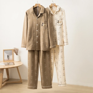 Women Cute Cartoon Rabbit Quilted Pajamas Triple Layer Cotton Warm Sleepwear Long Sleeve Top And Pants Couple Loungewear
