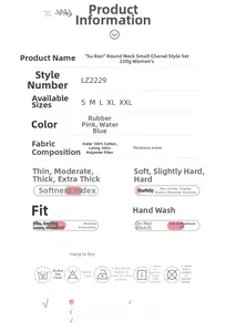 Size chart and fabric details for 220g cotton quilted loungewear with care instructions