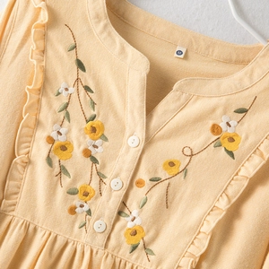 Yellow cotton long sleeve loungewear with floral embroidery and lace ruffles