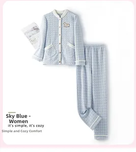 Detail of light blue quilted thermal pajama set with cute embroidery and button-up front