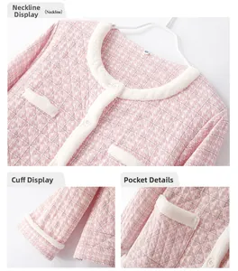 Close-up of pink quilted loungewear with houndstooth pattern and white plush trim