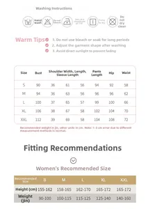 Detailed size chart and washing care instructions for women's long-sleeve pajama set