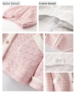 Detailed views of pink houndstooth quilted pajamas with wood buttons and soft plush trim