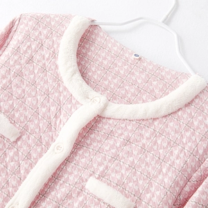 Pink houndstooth quilted loungewear set with soft white plush trim and button closure