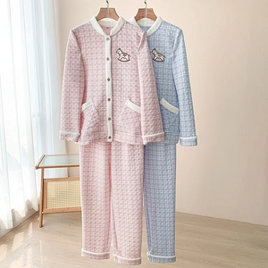 Women Thickened Three Layer Cotton Quilted Pyjama Set Cute Horse Embroidery Long Sleeve Top And Bottom Home Wear Warm Cotton Air Layer Winter Homewear