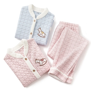 Quilted three-layer thickened pajamas set with cute horse embroidery for women