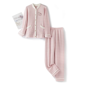 Quilted pink checkered loungewear set with cute embroidery and button-up top