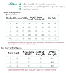Tableau des tailles pour pyjamas en coton pour femmes du S au XXL avec conseils d'entretien