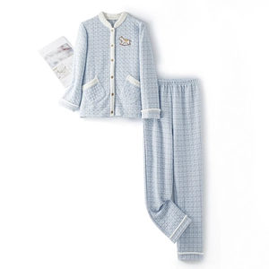 Thick triple-layer quilted blue checkered pajama set with cute horse embroidery