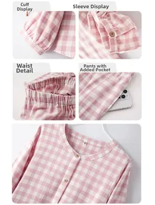 Détails du pyjama en coton à carreaux roses avec boutons en bois et poche pour téléphone