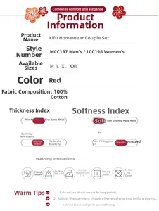 Detailed size chart and washing care guide for red cotton couple loungewear set