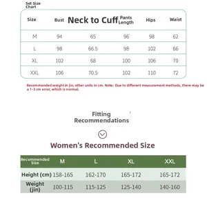 Tableau des tailles détaillé pour ensemble de nuit en coton avec guide de taille et poids