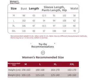 Detailed size chart for women cotton pajama set with measurements from M to XXL