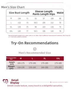 Men's size chart for cotton wedding couple pajamas from size M to XXL with measurements