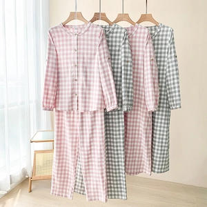Vêtements d'Intérieur en Coton Vichy Femmes Pyjama Plaid Manches Longues Col Rond Flanelle Grattée Top And Bottom Chemise de Nuit