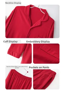 Detail view of red cotton pajama set featuring heart embroidery and button-up lapels