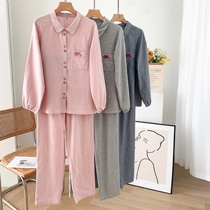 Ensemble de Pyjama en Coton Brossé pour Femmes Haut Et Bas à Manches Longues Broderie Coeur Pied-de-poule Loungewear