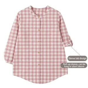 Chemise de pyjama à carreaux rose et blanc en coton avec pattes de manches réglables