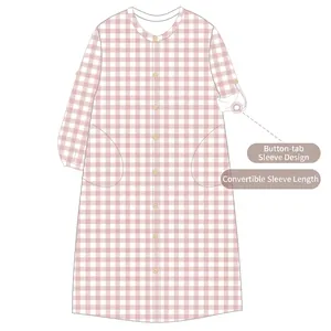 Robe d'intérieur en coton à carreaux rose et blanc avec manches boutonnées réglables