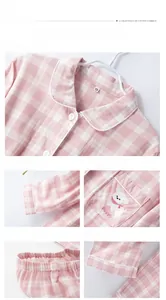 Dettagli del pigiama in cotone a quadretti rosa con ricamo puppy ed elastico in vita