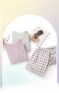 Flat lay of cotton knit pajamas with V-neck buttoned cardigans and plaid pants