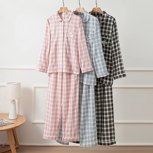 Pigiama a Quadri in Cotone Maglia e Pantaloni a Maniche Lunghe per Coppie Donna Rosa Blu Nero Lounge Wear Tuta da Casa Tasca Ricamata