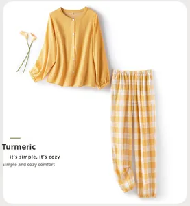 Ginger yellow cotton double-layer gauze loungewear set with floral accent on white backdrop