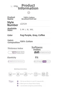 Detailed chart showing 100% cotton knit fabric specs and size guide for pajama sets
