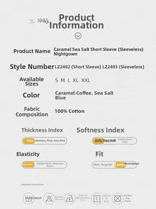 Size chart and fabric details for 100% cotton caramel sea salt pajama dress set