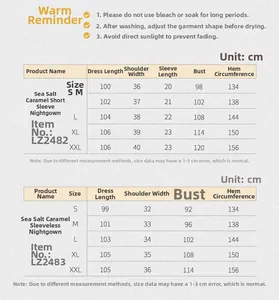 Size chart and care instructions for short sleeve and sleeveless cotton nightdresses