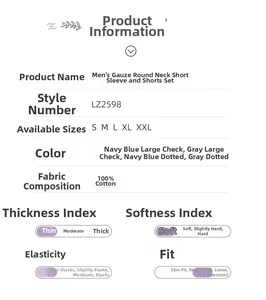 Tableau des tailles détaillé et spécifications du pyjama 100% coton pour hommes