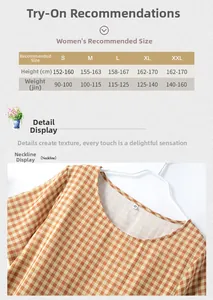 Size chart and close-up detail of a brown gingham round-neck cotton sleep dress