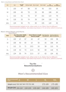 Detailed size chart for men cotton pajamas including chest and length measurements