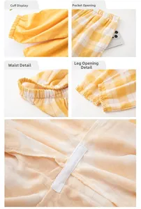 Detail view of cotton gauze pajamas with elastic cuffs, pockets and ribbed hem details