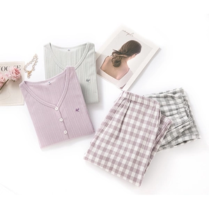 Women Cotton Striped Pajama Top And Plaid Pants V-Neck Long Sleeve Bird Embroidery Sleepwear Casual Loungewear