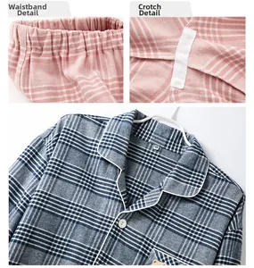 Détails du pyjama à carreaux rose et bleu avec taille élastique et broderie d'ours