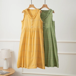 Süßes Damen Karo Nachthemd 100% Baumwolle Doppellagige Gaze Ärmellos V Ausschnitt Rüschen Home Wear Lässig Weich Atmungsaktiv